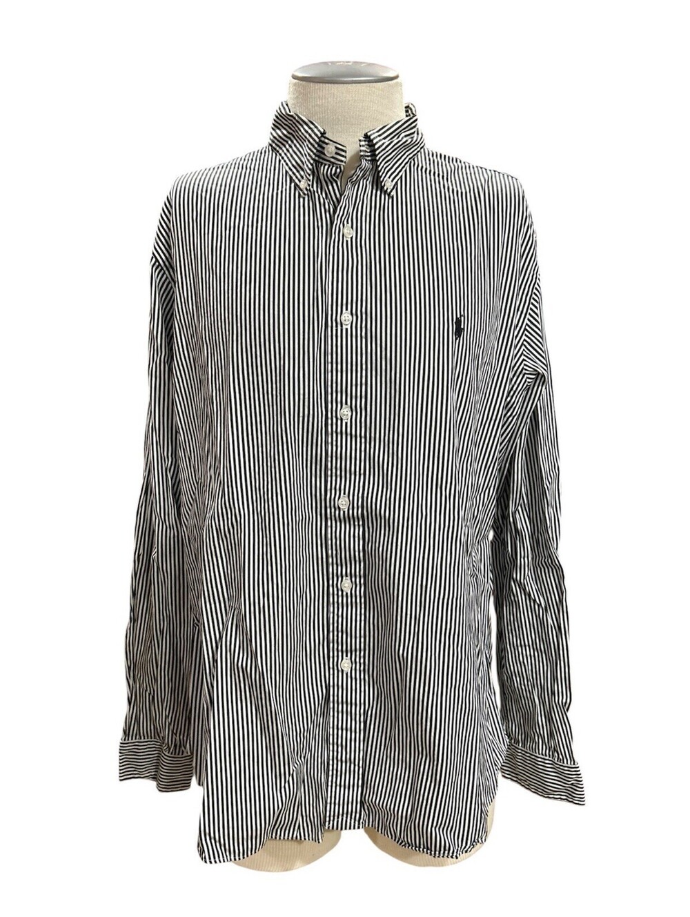 Ralph Lauren Mens Button Down Shirt 17.5 36/37 Black & White Stripes Custom Fit